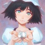  1girl black_hair blue_eyes hat head_tilt ilya_kuvshinov shiina_mayuri short_hair solo steins;gate 