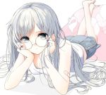  1girl aspara bandaid bandaid_on_arm bangs barefoot blurry depth_of_field full_body glasses grey_eyes grey_hair hands_on_own_face head_rest long_hair looking_at_viewer lying on_stomach original pillow round_glasses shorts silver_hair sleeveless solo swept_bangs 