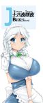  1girl apron apron_grab arm_grab blue blue_dress blue_eyes bow braid breasts character_name collared_shirt cowboy_shot dress expressionless hair_bow huge_breasts izayoi_sakuya maid maid_apron maid_headdress measurements shirt short_hair short_sleeves silver_hair simple_background solo touhou toumeikousokudouro twin_braids white_background white_shirt wrist_cuffs 