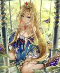  1girl bare_shoulders blonde_hair blue_eyes blush breasts butterfly cage chain choker cleavage crown cuffs dress earrings highres jewelry large_breasts leaf long_hair looking_at_viewer off_shoulder official_art pisuke shackles shingoku_no_valhalla_gate sitting solo thighs very_long_hair wariza 