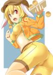  1girl adapted_costume animal_ears ass bike_shorts blonde_hair crop_top dango dropping eating flat_cap food hat jacket long_sleeves midriff navel open_clothes open_jacket open_mouth rabbit_ears red_eyes ringo_(touhou) short_hair solo taishi_(moriverine) touhou wagashi yellow 