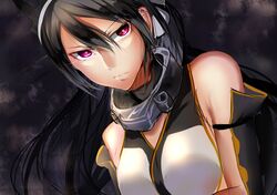  1girl bare_shoulders black_hair breasts clouds cloudy_sky collar commentary_request gauntlets head_grab hizagawa_rau kantai_collection large_breasts light_trail long_hair looking_at_viewer nagato_(kantai_collection) pink_eyes shirt sky solo upper_body very_long_hair 