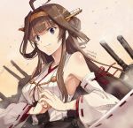 1girl 2015 ahoge bare_shoulders black_eyes brown_hair cannon cracking_knuckles dated grin hair_bun hair_rings japanese_clothes kantai_collection kongou_(kantai_collection) long_hair looking_at_viewer naughty_face parted_lips ribbon-trimmed_sleeves ribbon_trim sketch smile solo tomozo_kaoru twitter_username upper_body violet_eyes 