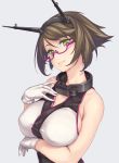  1girl blue_background breasts brown_hair cleavage covered_nipples glasses gloves green_eyes hand_on_own_chest headgear kantai_collection looking_at_viewer mutsu_(kantai_collection) rokuwata_tomoe short_hair simple_background smile solo white_gloves 