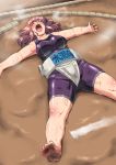  1girl akashi_marumi barefoot blush breasts breath brown_hair closed_eyes dirty_feet exhausted feet highres large_breasts lying mawashi on_back open_mouth rikijo short_hair singlet solo sumo sweat toes utamaro 