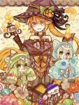  akikazekinoko bare_shoulders bow candy candy_cane chandelure chibi green_hair happy_halloween hat hat_bow hat_ribbon jack-o&#039;-lantern litwick open_mouth orange_hair pokemon reuniclus ribbon short_hair staff witch_hat wrapped_candy 