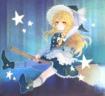  1girl apron aurora bangs black_boots black_skirt black_vest blonde_hair boots bow braid broom broom_riding collared_shirt forest frilled_skirt frills grin hair_bow hand_on_headwear hat highres keemoringo kirisame_marisa long_hair long_sleeves looking_to_the_side nature ribbon shirt silhouette single_braid skirt sky smile socks solo sparkle star star_(sky) starry_sky touhou white_legwear white_shirt witch_hat yellow_eyes 