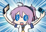  1girl annotated aoba_(kantai_collection) arms_up blew_andwhite blue_eyes bluetooth cellphone commentary digital_media_player headphones kantai_collection mutsu_(snail) phone pun smartphone symbol-shaped_pupils too_literal 