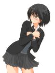  1girl amagami black_hair blush embarrassed nanasaki_ai pleated_skirt sasaki_akira_(ugc) school_uniform short_hair simple_background skirt solo 