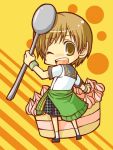  brown_hair cake chibi donngame food holding holding_spoon jacket oversized_object pastry persona persona_4 satonaka_chie school_uniform short_hair skirt smile spoon tomboy wink 