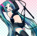  aqua_hair elbow_gloves gloves hatsune_miku headphones hotpants long_hair microphone microphone_stand midriff navel project_diva short_shorts shorts takachina thighhighs twintails very_long_hair vocaloid 