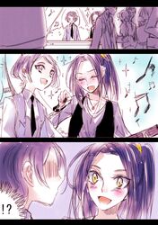  !? 2girls 3koma comic dokidoki!_precure kenzaki_makoto kurokawa_ellen multiple_girls musical_note precure purple_hair shaded_face silent_comic singing siren_(suite_precure) suite_precure tima violet_eyes yellow_eyes 