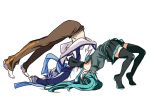  asaki_(artist) blue_hair detached_sleeves german_suplex hatsune_miku kaito long_hair necktie simple_background skirt suplex thigh-highs thighhighs twintails very_long_hair vocaloid zettai_ryouiki 