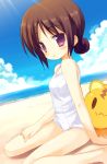  beach blush brown_hair child hands kneeling meito_(maze) one-piece_swimsuit purple_eyes school_swimsuit swimsuit white_school_swimsuit 