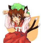  brown_eyes brown_hair cat_ears cat_pose cat_tail chen earrings fang hat jewelry multiple_tails paw_pose pose short_hair ta_ki tail touhou 