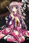  flower hair_ornament japanese_clothes kimono long_hair oriental_umbrella original purple_hair ryuuga_shou side_ponytail sitting umbrella 