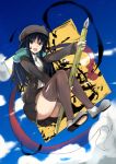  beret black_hair brown_legwear cardigan cloud floating hat long_hair original oversized_object pen purple_eyes sketch sky solo thigh-highs thighhighs writing zettai_ryouiki 