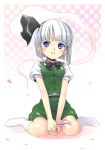  blue_eyes blunt_bangs blush bob_cut bowtie cherry_blossoms ears flower ghost hairband kimitoshiin konpaku_youmu konpaku_youmu_(ghost) myon no_shoes short_hair silver_hair sitting smile socks solo touhou wariza 