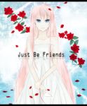  000 bad_id blue_eyes dress flower just_be_friends_(vocaloid) long_hair megurine_luka nyaki paper_airplane petals pink_hair red_string smile solo tears very_long_hair vocaloid white_dress 