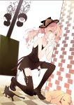  cat dog garter_belt hat long_hair pink_hair ponytail saya_(sayaya) shh shoes shushing skirt sneakers squat squatting thigh-highs thighhighs 