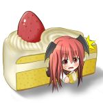 1girl cake chibi eating food food_on_face fruit head_wings holding in_food koakuma minigirl necktie pastry red_eyes red_hair simple_background solo strawberry touhou uruc 