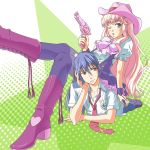  1girl arm_support blonde_hair blue_eyes blue_hair blush boots bow brown_eyes couple cowboy_boots cowboy_hat curls curly_hair frown gun hair_ornament hairpin handgun hat human_chair human_furniture jewelry leg_lift legs long_hair macross macross_frontier necktie nishiwaki open_mouth petticoat pink_hair ponytail revolver saotome_alto sheryl_nome sitting sitting_on_person thigh-highs thighhighs weapon western wink 