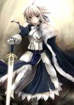  armor armored_dress blonde_hair cape dress fate/stay_night fate_(series) gauntlets greaves green_eyes hair_ribbon ribbon robe saber short_hair solo sunlight sword torn_clothes type-moon weapon xephonia 