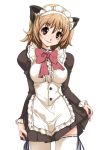  animal_ears apron blush bow bowtie breasts brown_eyes brown_hair cat_ears large_bow large_breasts maid maid_headdress original short_hair simple_background solo thigh-highs thighhighs white_legwear white_thighhighs 
