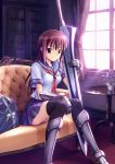  bag black_legwear black_thighhighs bookbag brown_eyes brown_hair couch curtains gauntlets greaves long_hair michi original school_uniform serafuku smile sword table thigh-highs thighhighs weapon window 