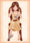  bare_shoulders barefoot brown_hair chair closed_eyes dress feet highres long_hair needle one_shoe original shoes single_shoe sitting smile stitches yukihiro 