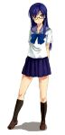  brown_eyes glasses idolmaster kirisato_itsuki kisaragi_chihaya legs school_uniform simple_background skirt solo 