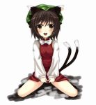 brown_hair cat_ears cat_tail chen earrings hat jewelry moccy multiple_tails short_hair tail touhou 