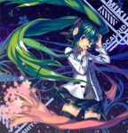  green_eyes green_hair hand_on_headphones hatsune_miku headphones headset jacket kishiyo long_hair scarf skirt smile solo thighhighs twintails very_long_hair vocaloid zettai_ryouiki 