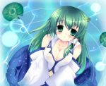  blush breasts cleavage detached_sleeves from_above green_eyes green_hair kochiya_sanae large_breasts lily_pad long_hair looking_up natsumikan navel no_bra solo touhou v_arms wet 