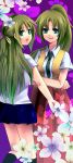  flower green_eyes green_hair highres higurashi_no_naku_koro_ni long_hair looking_back ouri ponytail sonozaki_mion sonozaki_shion 