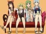  barefoot couch crossed_legs feet hakurei_reimu hands_on_feet izayoi_sakuya kirisame_marisa kochiya_sanae mako_(black0118) moriya_suwako panties pantyshot pantyshot_sitting parody pyonta sandals shoe_dangle sitting soul_eater touhou underwear white_panties 