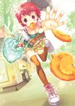  blush bracelet eating food food_stand frills hat highres jewelry mouth_hold orange_legwear outstretched_arm outstretched_hand paper_bag pink_hair polka_dot purse reaching red_eyes red_hair redhead running scarf shoes short_hair skirt sneakers taiyaki takeda_mika thigh-highs thighhighs tree wagashi 