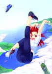  blue_legwear cloud clouds falling fang highres lake landscape leg_up leggings open_mouth original red_eyes red_hair redhead shoes short_hair sky sneakers solo spandex tsuki_tokage tsukitokage 