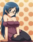  awa bare_shoulders blue_hair blush breasts glasses kanamemo large_breasts nishida_haruka sitting solo 