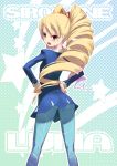 ass blonde_hair blue_legwear blush brown_eyes capcom drill_hair from_behind hands_on_hips homura_subaru long_hair looking_back open_mouth pantyhose rockman ryuusei_no_rockman shirogane_luna twin_drills twintails