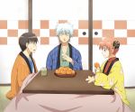  1girl 2boys closed_eyes food fruit gintama glasses kagura_(gintama) kotatsu mandarin_orange maruki_(punchiki) mikan multiple_boys sakata_gintoki shimura_shinpachi table 
