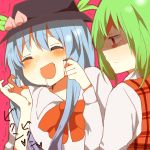  blue_hair blush bow cheek_poke drooling green_hair hat hinanawi_tenshi kazami_yuuka masochism orange_(bibiko) plaid_vest poking shaded_face touhou trembling 