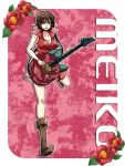  bad_id boots breasts brown_eyes brown_hair cleavage flower guitar instrument meiko short_hair smile solo vocaloid 