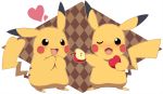  apple bad_id blush food fruit heart holding holding_fruit no_humans open_mouth pikachu pokemon pokemon_(creature) riisu sexual_dimorphism sharing wink 
