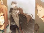  1girl animal_ears ayakura_juu black_eyes blush brown_hair cloak closed_eyes couple craft_lawrence height_difference highres holo long_hair poncho red_eyes short_hair silver_hair smile spice_and_wolf wolf_ears 