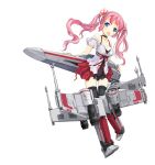  black_legwear blue_eyes blush bow breasts choker cleavage girl_arms long_hair mecha_musume open_mouth pink_hair simple_background solo space_craft star_wars starfighter t-65_x-wing thigh-highs thighhighs twintails white_background zeco 