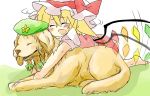  arikichi_gen bad_id blonde_hair bow braid closed_eyes dog flandre_scarlet hat hong_meiling hong_meiling_(dog) ribbon short_hair touhou 