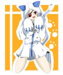 blush cat_hood cosplay eyepatch fang hood hoodie nu-13 red_eyes solo tail taokaka taokaka_(cosplay) v-13 white_hair 