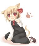  animal_ears blonde_hair cat_ears cat_tail fang hair_ribbon kemonomimi_mode mary_janes nami_(cassette) necktie paw_pose paw_print red_eyes ribbon rumia shoes short_hair solo tail touhou 