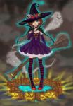  bad_id blue_eyes broom broomstick halloween hat pon purple_legwear short_hair smile striped striped_legwear striped_thighhighs thigh-highs thighhighs witch witch_hat 